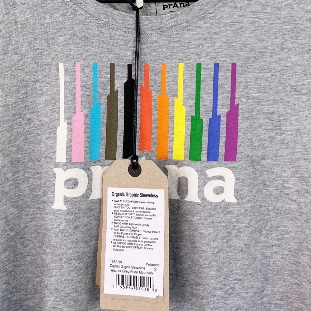 NWT Prana Organic Graphic Sleeveless Shirt Heather Grey Pride Mountain - Picture 5 of 7